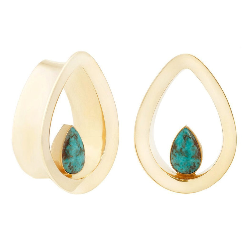 Evoke Mayan Teardrops - Yellow Gold + Genuine Turquoise Plugs Buddha Jewelry 1/2"  