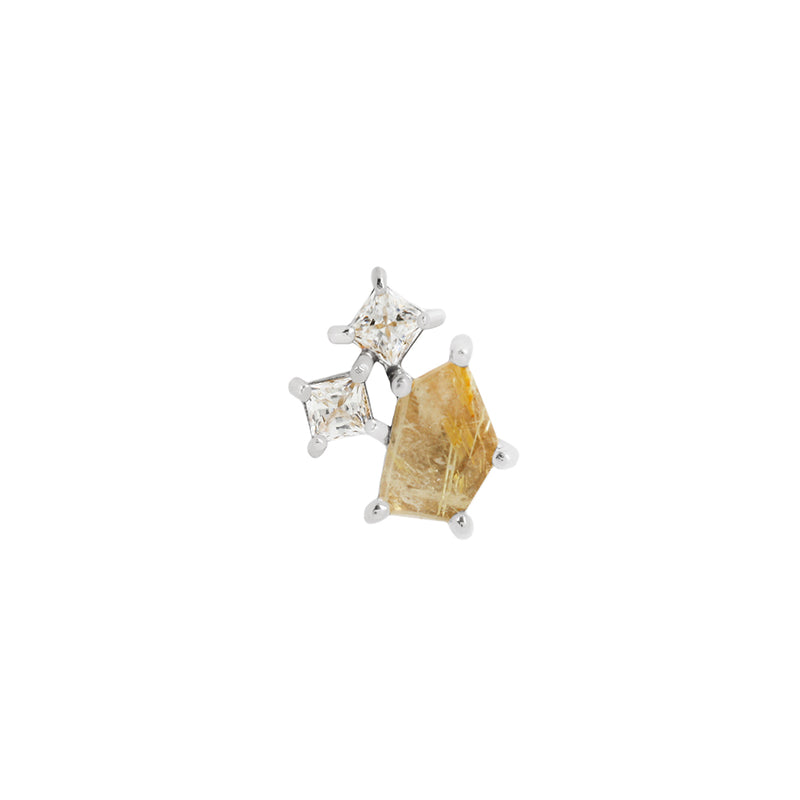 Lyra - Rutilated Quartz + CZ - Threadless End  Buddha Jewelry White Gold  