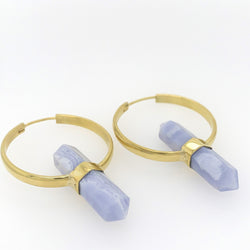 Mini Alchemy Earrings - Blue Lace Agate Metal Hanging Earrings Buddha Jewelry Brass  